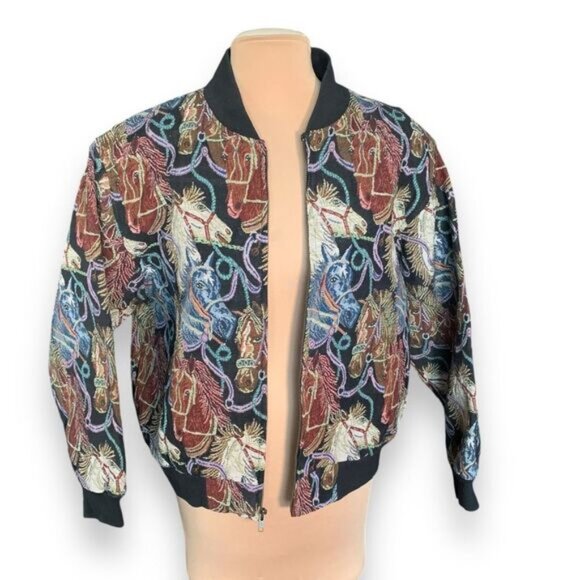 Vintage Katch Me West Horse Print Equestrian Tapestry Bomber Jacket Size XL - Picture 4 of 11